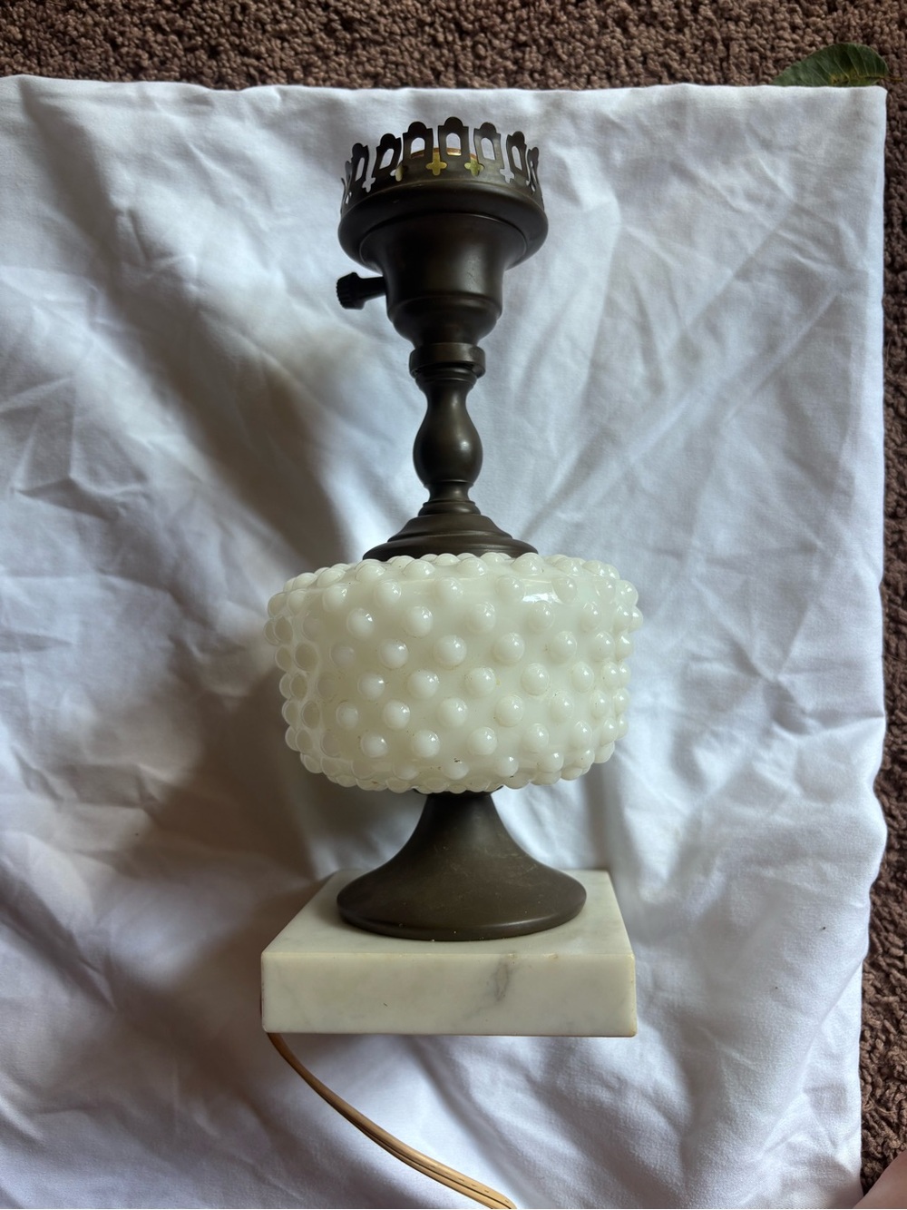 Vintage-Style White Hobnail Glass Lantern Table Lamp - Marble Base